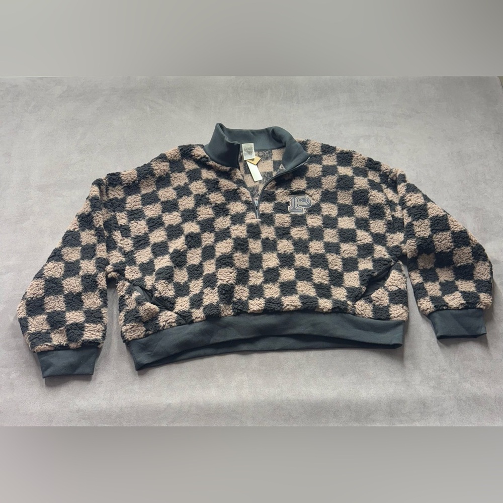 PINK Victoria's Secret Black Tan cozy Checkered half Zip Up Sweater pullover 2XL